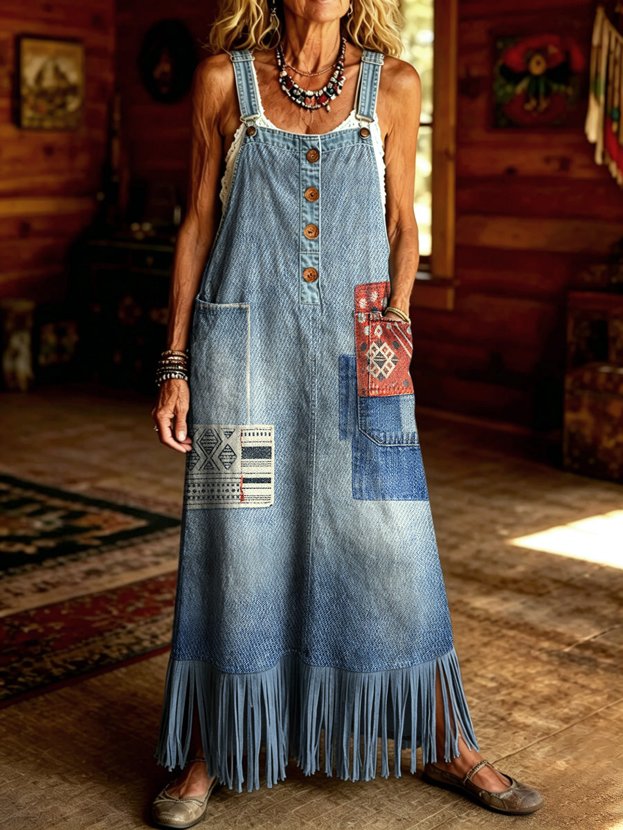 Women's Retro Style Floral Art Print Washed Denim Strap Tassel Maxi Dress